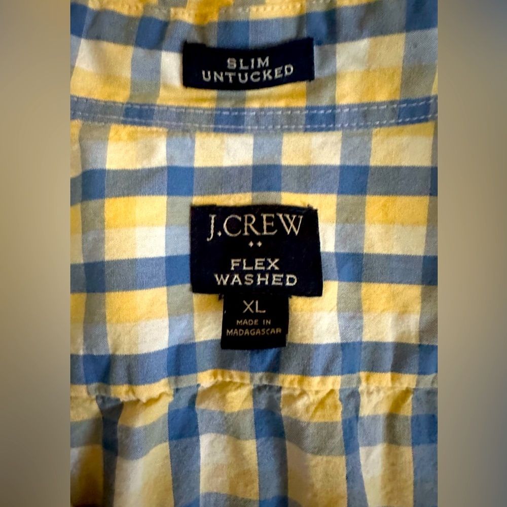 J. Crew button down, yellow and blue plaid. Size XL. Athletic fit.